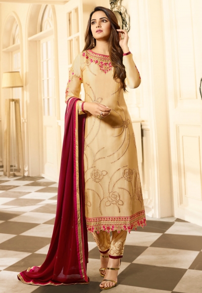 Beige satin georgette pant style suit 11033