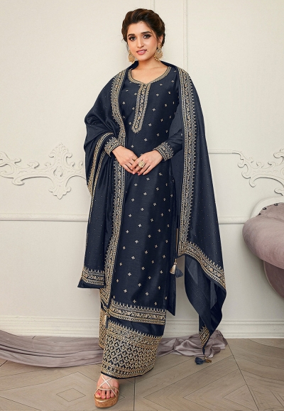 Navy blue silk palazzo suit 15457