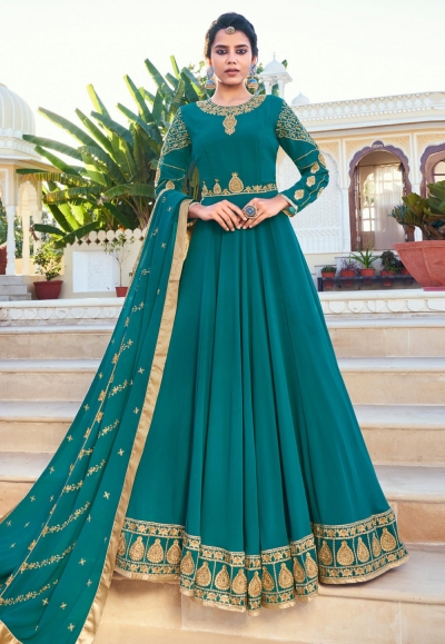 Turquoise georgette floor length anarkali suit 595