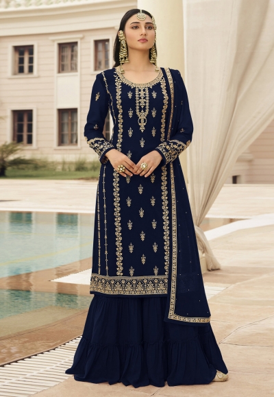 Navy blue faux georgette sharara suit 73003C