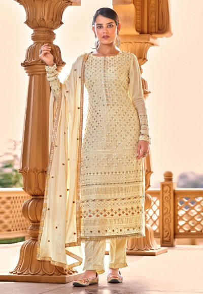 Cream viscose georgette kameez with pant 10101