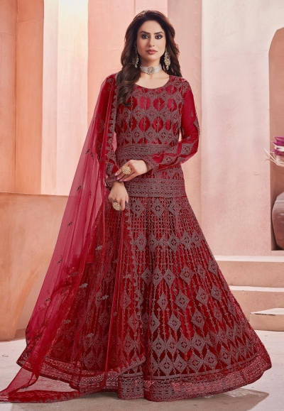 Maroon net abaya style anarkali suit 1002