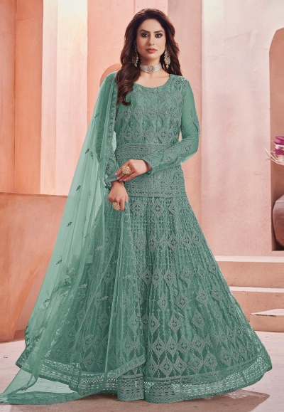 Sea green net abaya style anarkali suit 1008