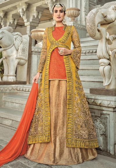 Orange silk jacket style designer long choli lehenga 1003a