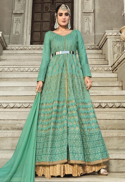 Sea green silk long anarkali suit 1004a