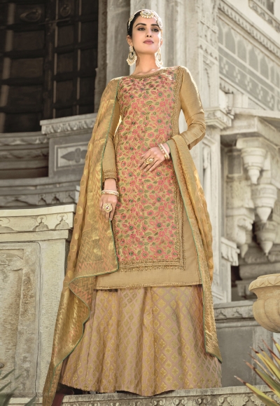 Beige silk long choli lehenga 1007a