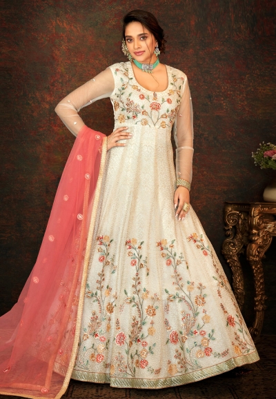 Off white net long anarkali suit 7791