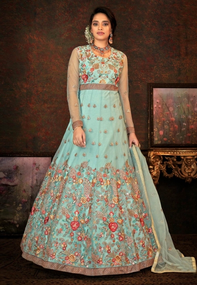 Sky blue net abaya style anarkali suit 7794