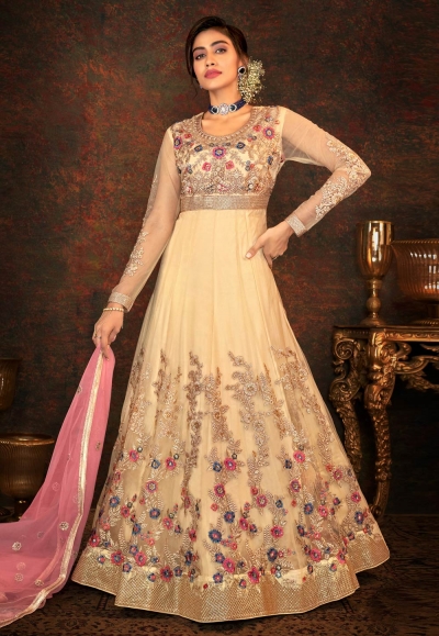 Cream net long anarkali suit 7795