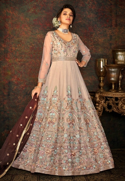 Beige net abaya style anarkali suit 7796