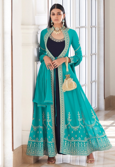 Sky blue georgette jacket style suit 8480