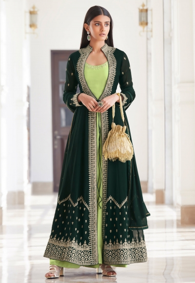 Green georgette jacket style suit 8482