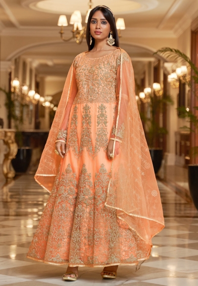 Peach net long anarkali suit 3006