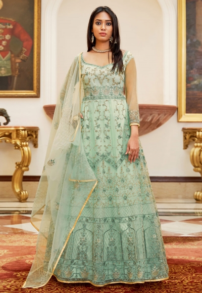 Sky blue net long anarkali suit 3012