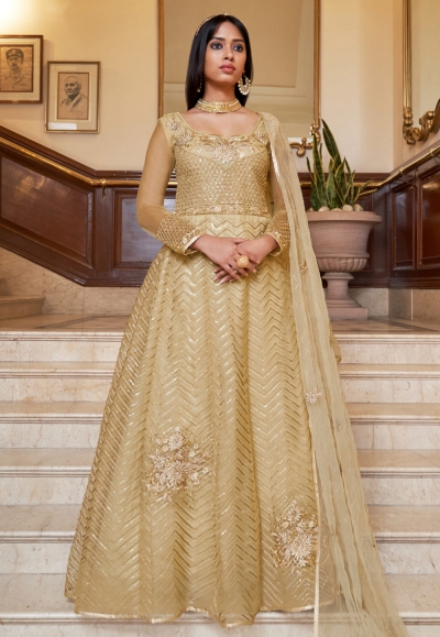 Beige net abaya style anarkali suit 3009