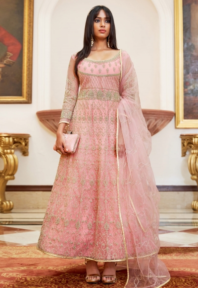 Pink net abaya style anarkali suit 3011