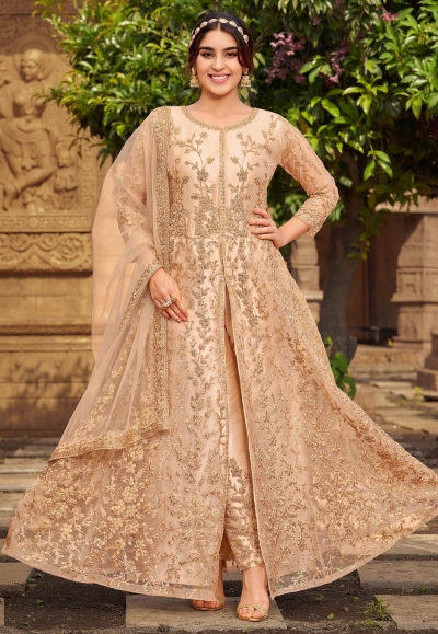 Peach net center slit anarkali suit 2022