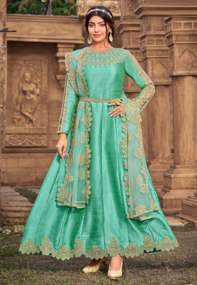 Aqua silk abaya style anarkali suit 2023