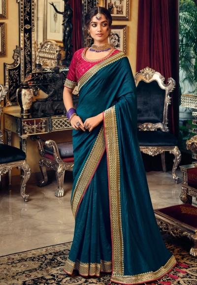 Teal silk festival wear saree 3410