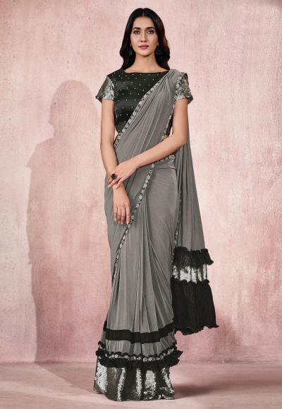 Grey lycra saree with blouse 21818