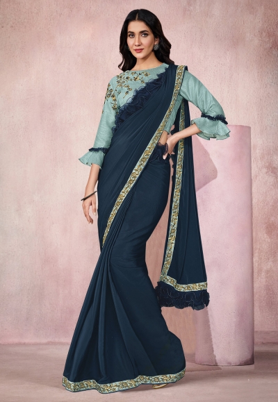 Teal lycra saree with blouse 21820