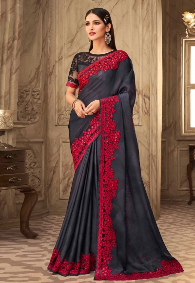 Dark gray silk festival wear saree 6308