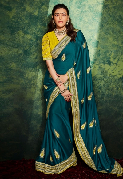 Kajal aggarwal blue silk festival wear saree 5204