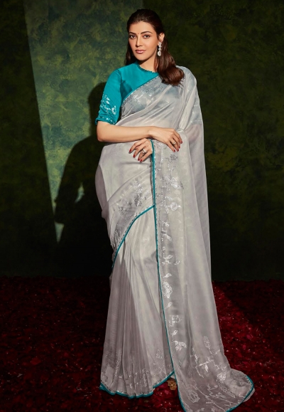 Kajal aggarwal grey organza festival wear saree 5210