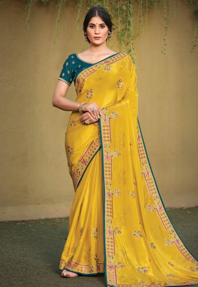 Yellow satin silk saree with blouse 141801