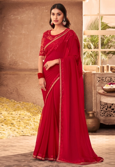 Red georgette saree with blouse 901