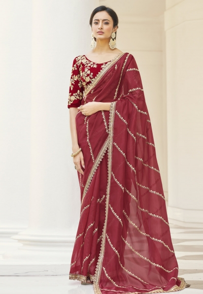 Wine organza saree with blouse 9505