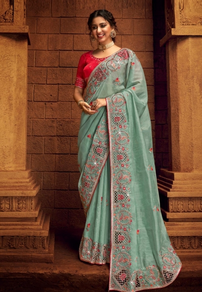 Sea green organza saree with blouse 1408