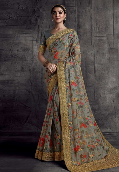 Grey organza festival wear saree 8308