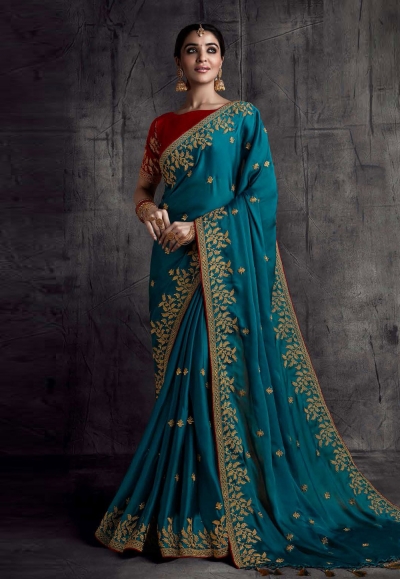 Teal silk festival wear saree 8318