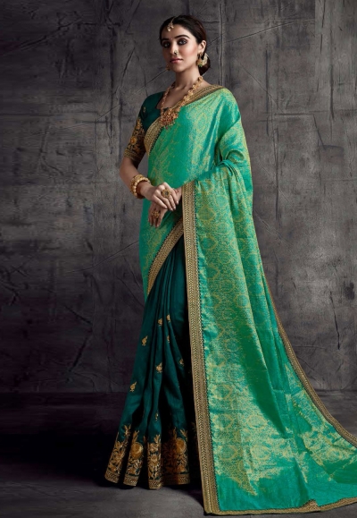 Sea green silk saree with blouse 8319