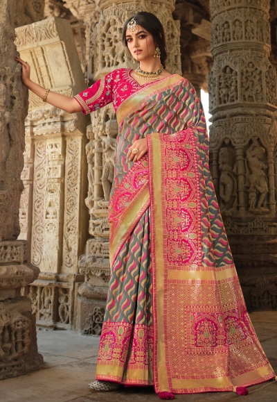 Grey silk saree with blouse 13384