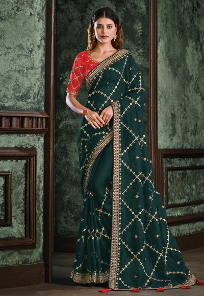 Green organza saree with blouse 22009