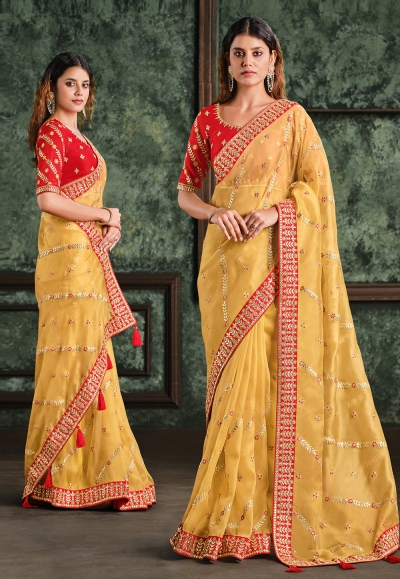 Yellow organza festival wear saree 22010