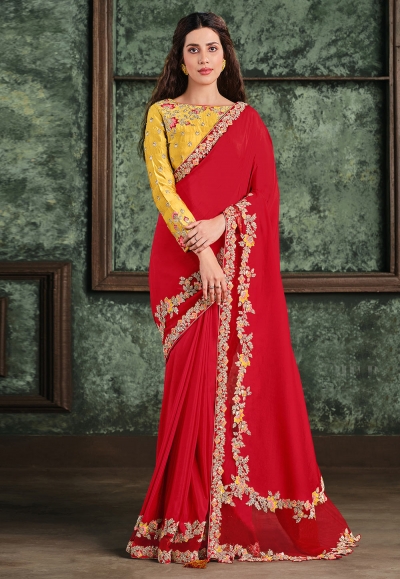 Red satin silk saree with blouse 22011