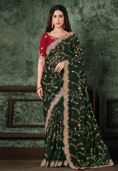 Green organza festival wear saree 22012