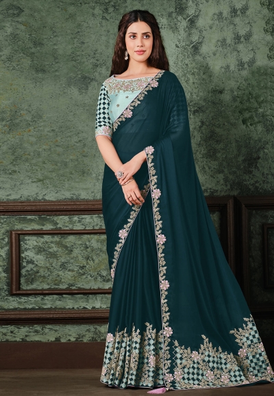 Teal silk georgette saree with blouse 22017