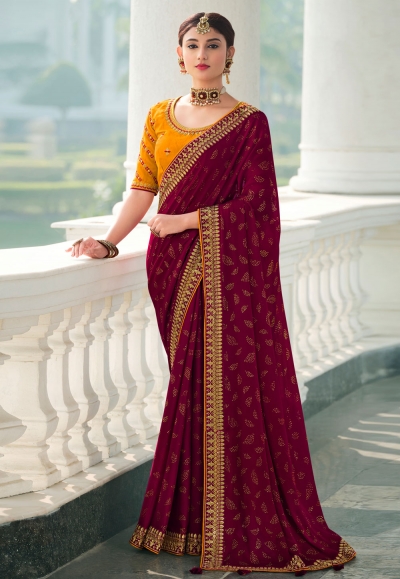 Wine satin chiffon festival wear saree 1106