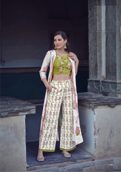 Women Red Crop Top With A-Line Pants And Floral Shrug