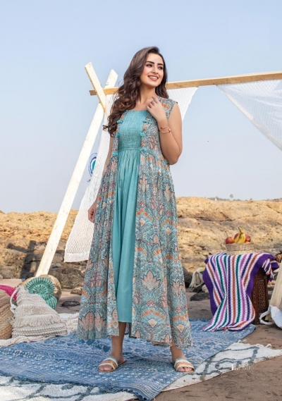 Turquoise jacket style casual gown 605