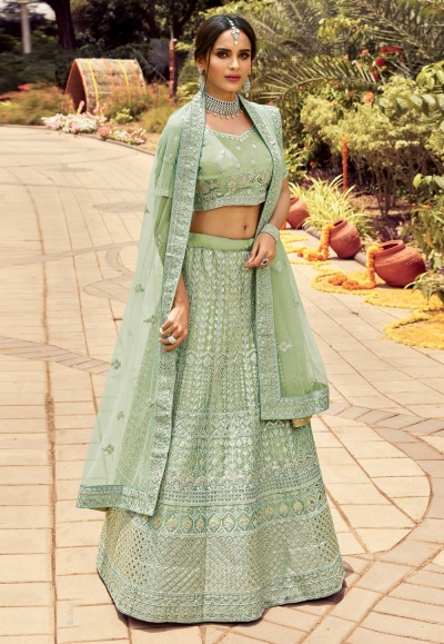 Sea green organza embroidered work lehenga choli 7113