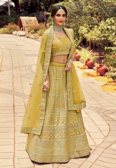 Mustard organza embroidered work lehenga choli 7115