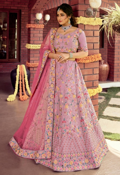 Pink raw silk embroidered work lehenga choli 7123