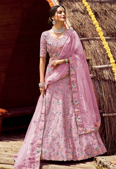 Pink satin embroidered work lehenga choli 7126