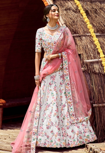 Off white satin embroidered work lehenga choli 7127