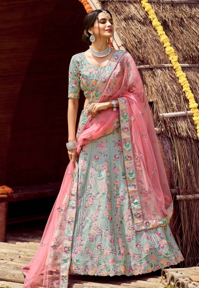 Sea green satin embroidered work lehenga choli 7128